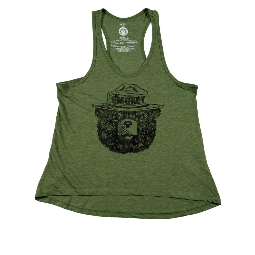 Mighty Fine Smokey Bear Tank Top Womens XS Green Racerback Graphic Muscle Tee